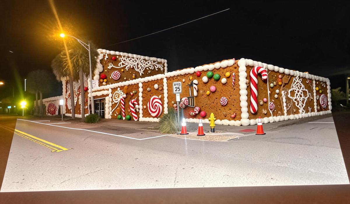 Gingerbread themed building in daylight